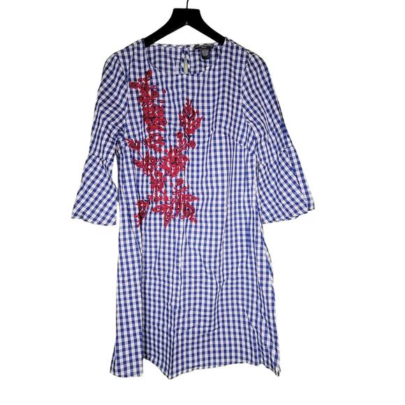 Chelsea & Theodore Dress Small‎ Blue White Gingham Bell Sleeve Cottage Boho - Picture 1 of 7